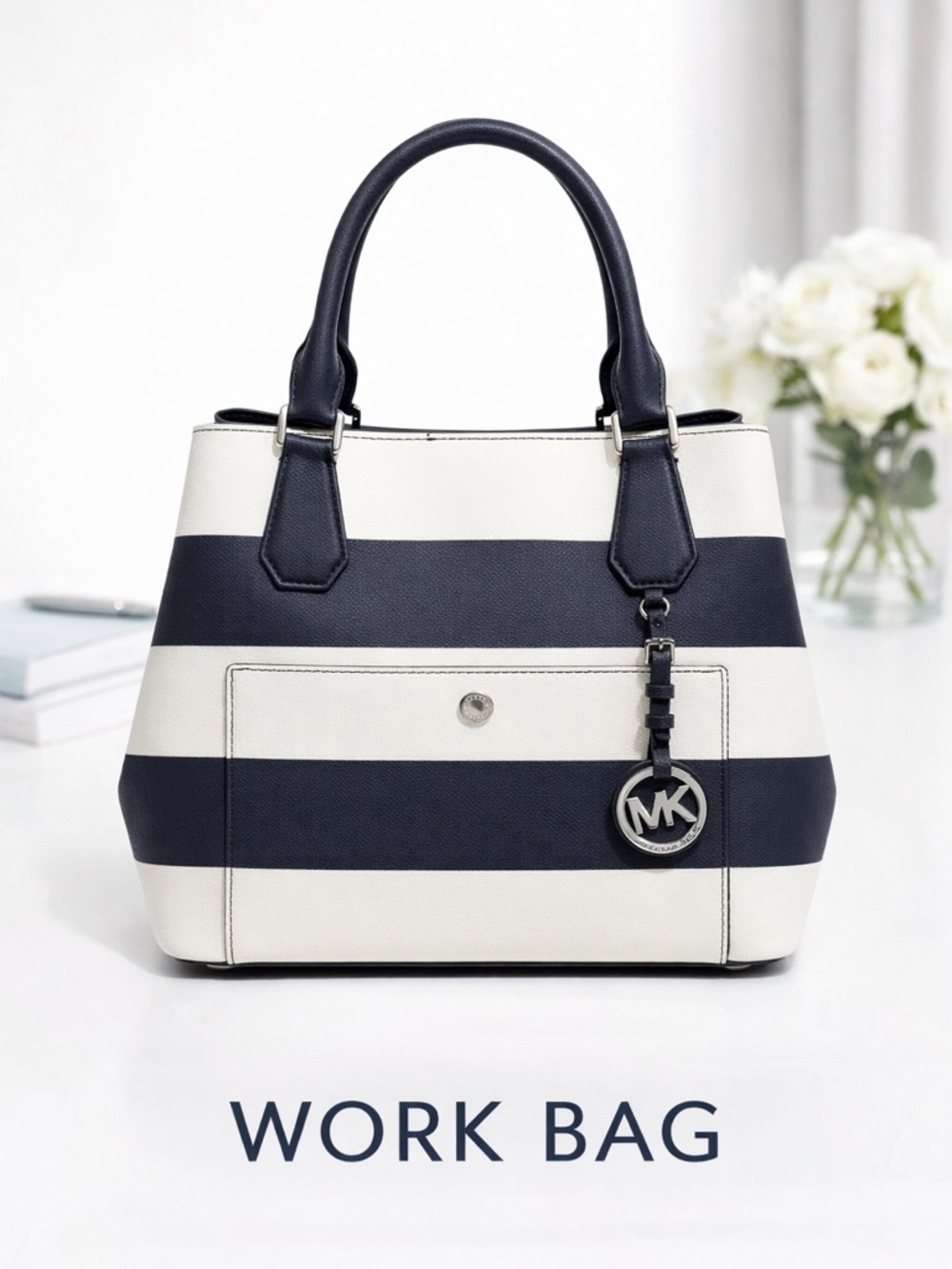 Michael Kors Navy White Stripe Satchel Structured bag vacation - Picture 4 of 12
